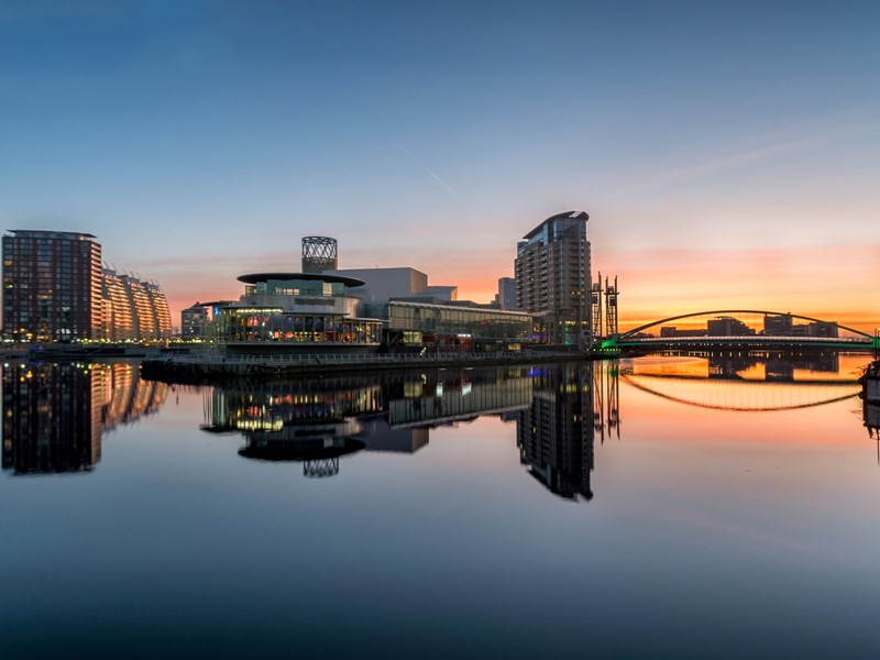 Cityscape shot of Salford Quays during sunset